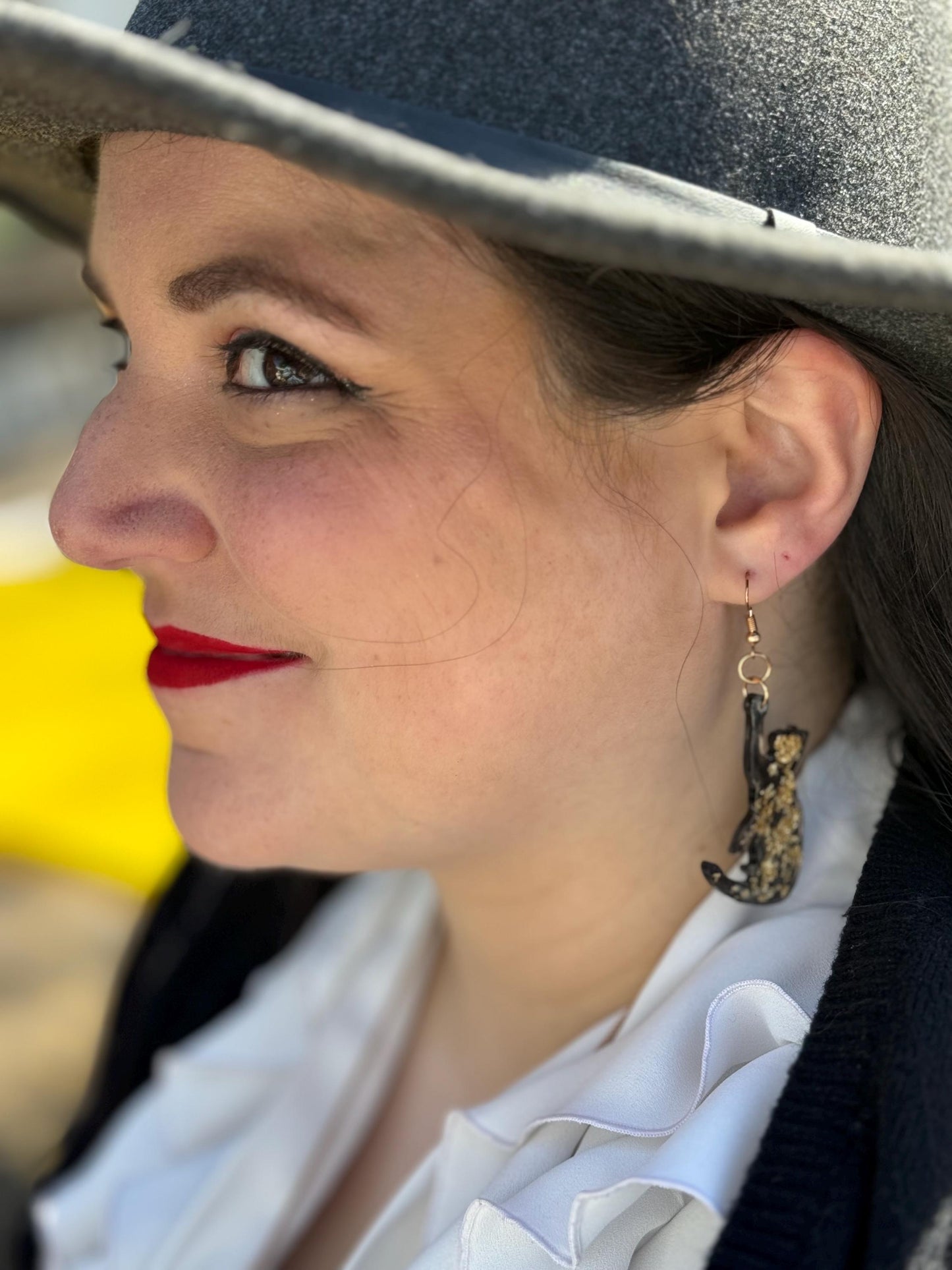 Black and Gold Reaching Cat Earrings