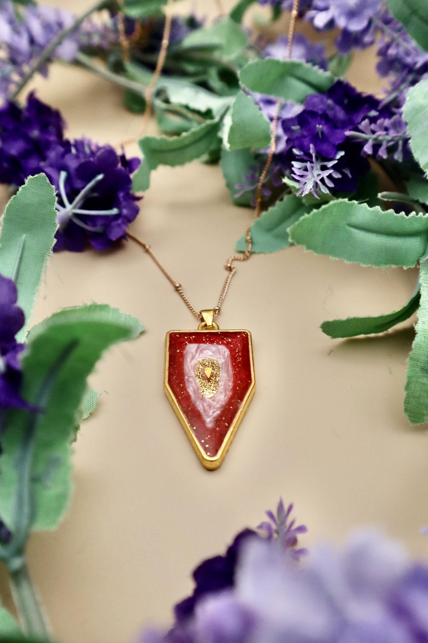 Pink and Red Geode Pendant Necklace | Gold Plated Chain