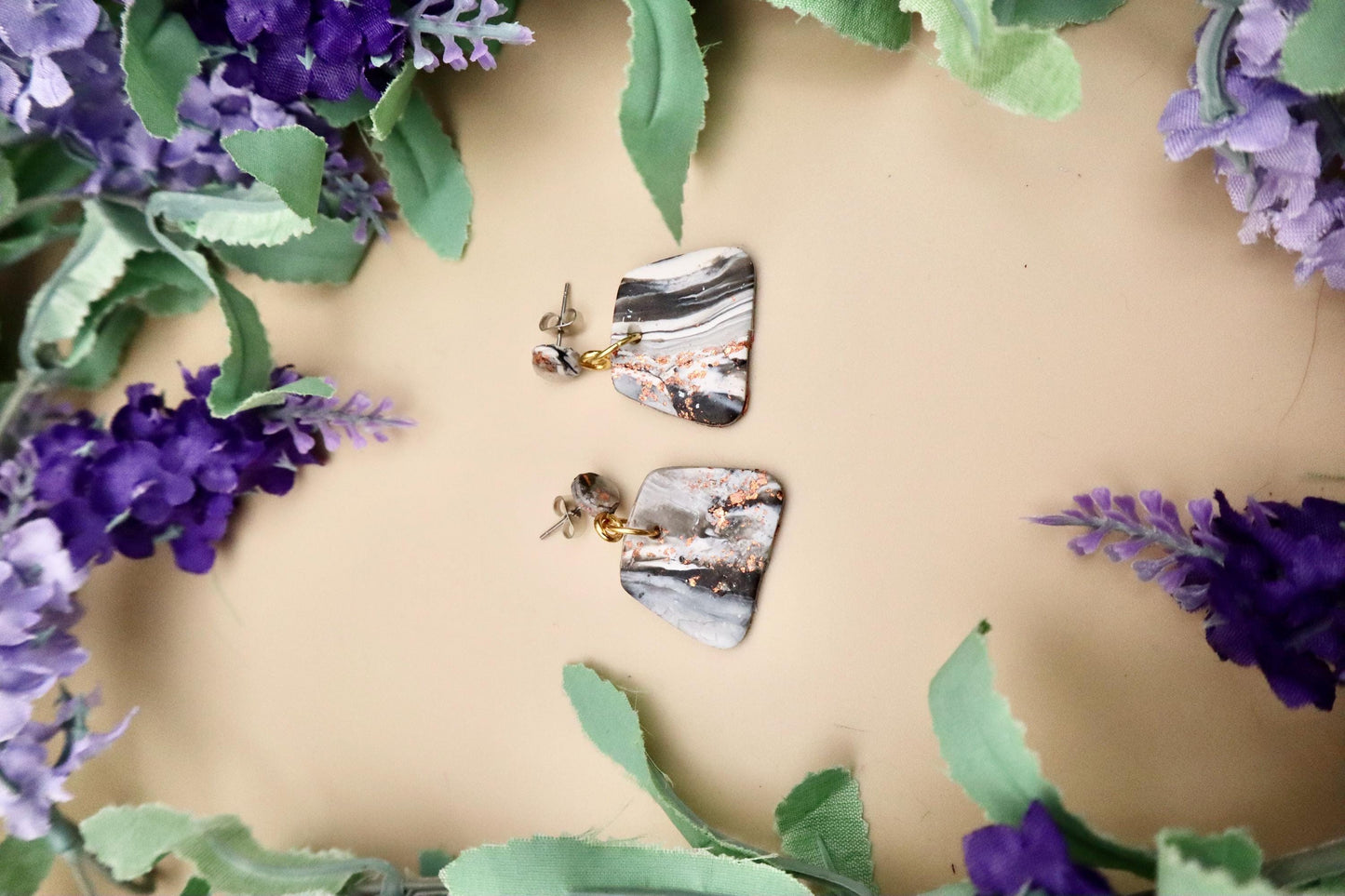 Black, White, and Rose Gold Marble Polygon Dangle Earrings | Polymer Clay
