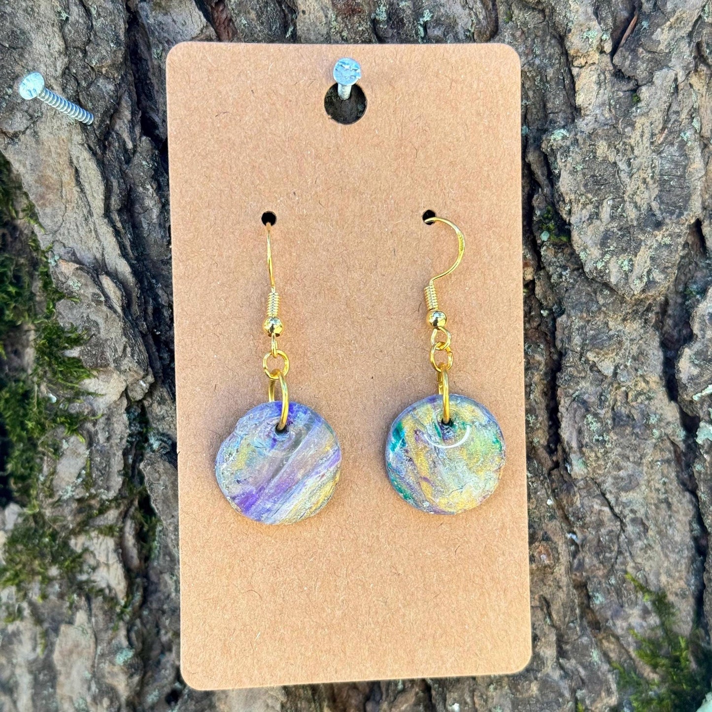 Circular Lavender Blue & Gold Marble Dangle Earrings