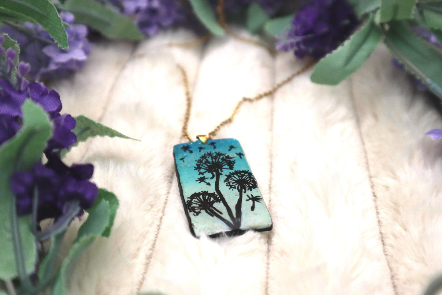 Handmade Handpainted Dandelion Pendant Necklace | Gold Plated Chain