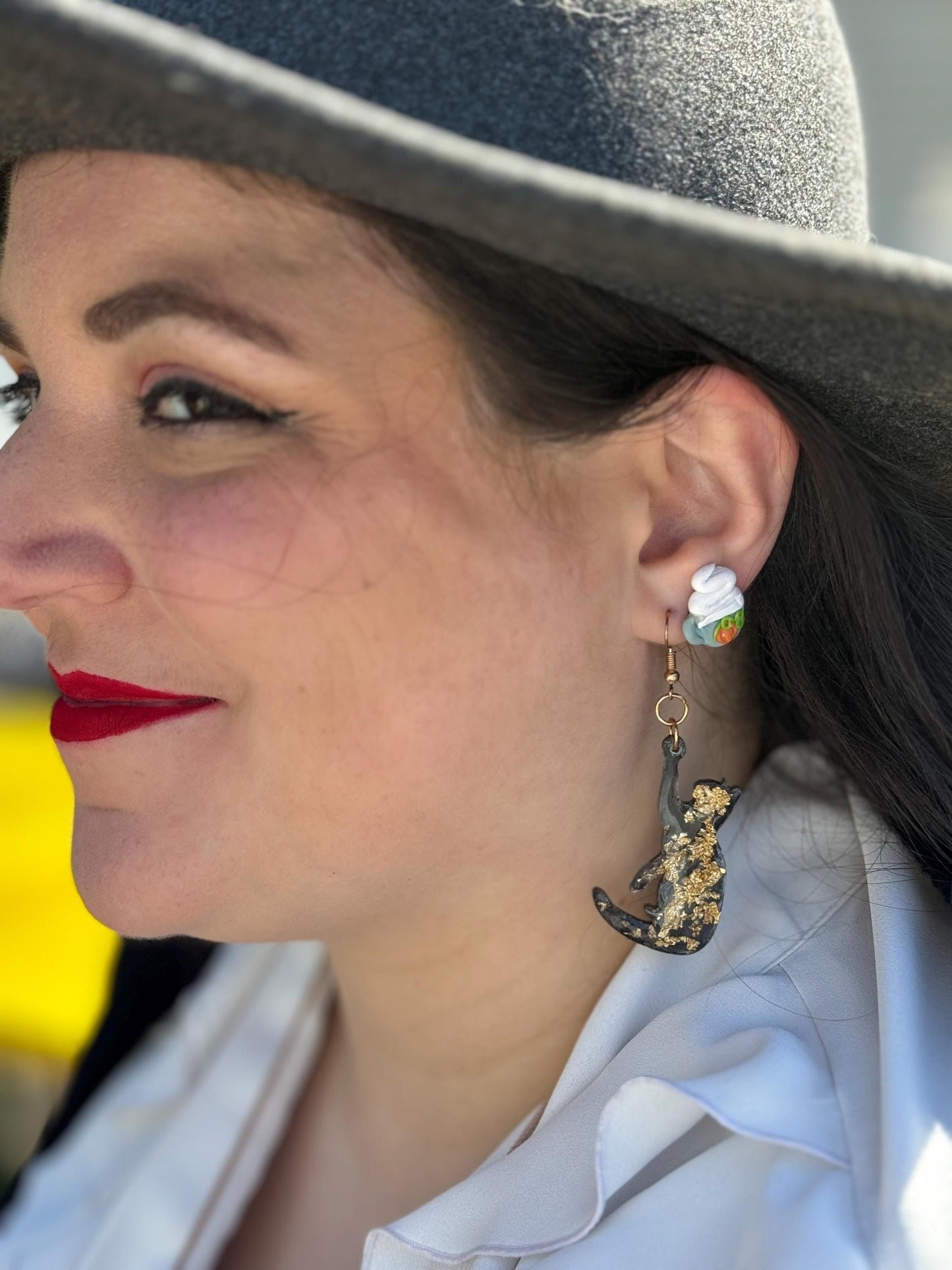 Black and Gold Reaching Cat Earrings