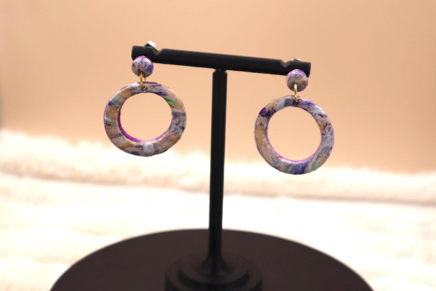 Circular Ring Purple Marble Dangle Earrings