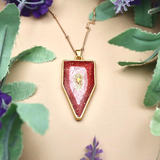 Pink and Red Geode Pendant Necklace | Gold Plated Chain