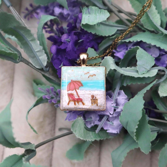 Beach Vacation Scene Gold Plated Pendant | Gold Plated Stainless Steel 24in Chain Necklace