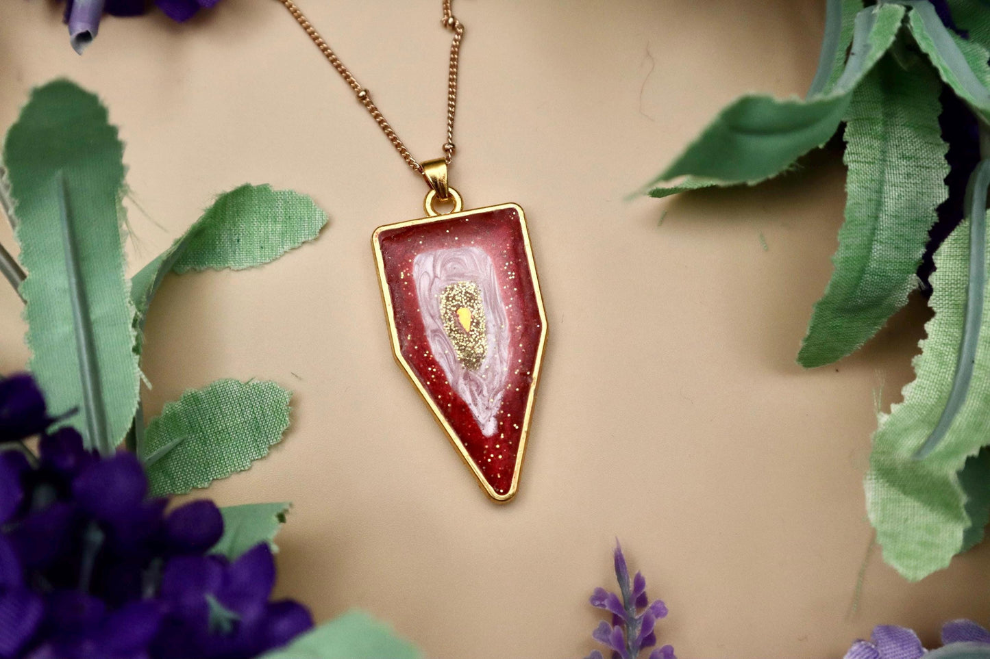 Pink and Red Geode Pendant Necklace | Gold Plated Chain