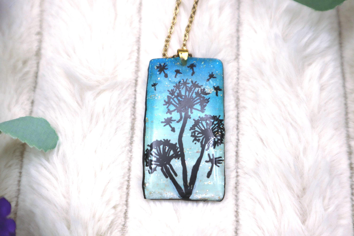 Handmade Handpainted Dandelion Pendant Necklace | Gold Plated Chain