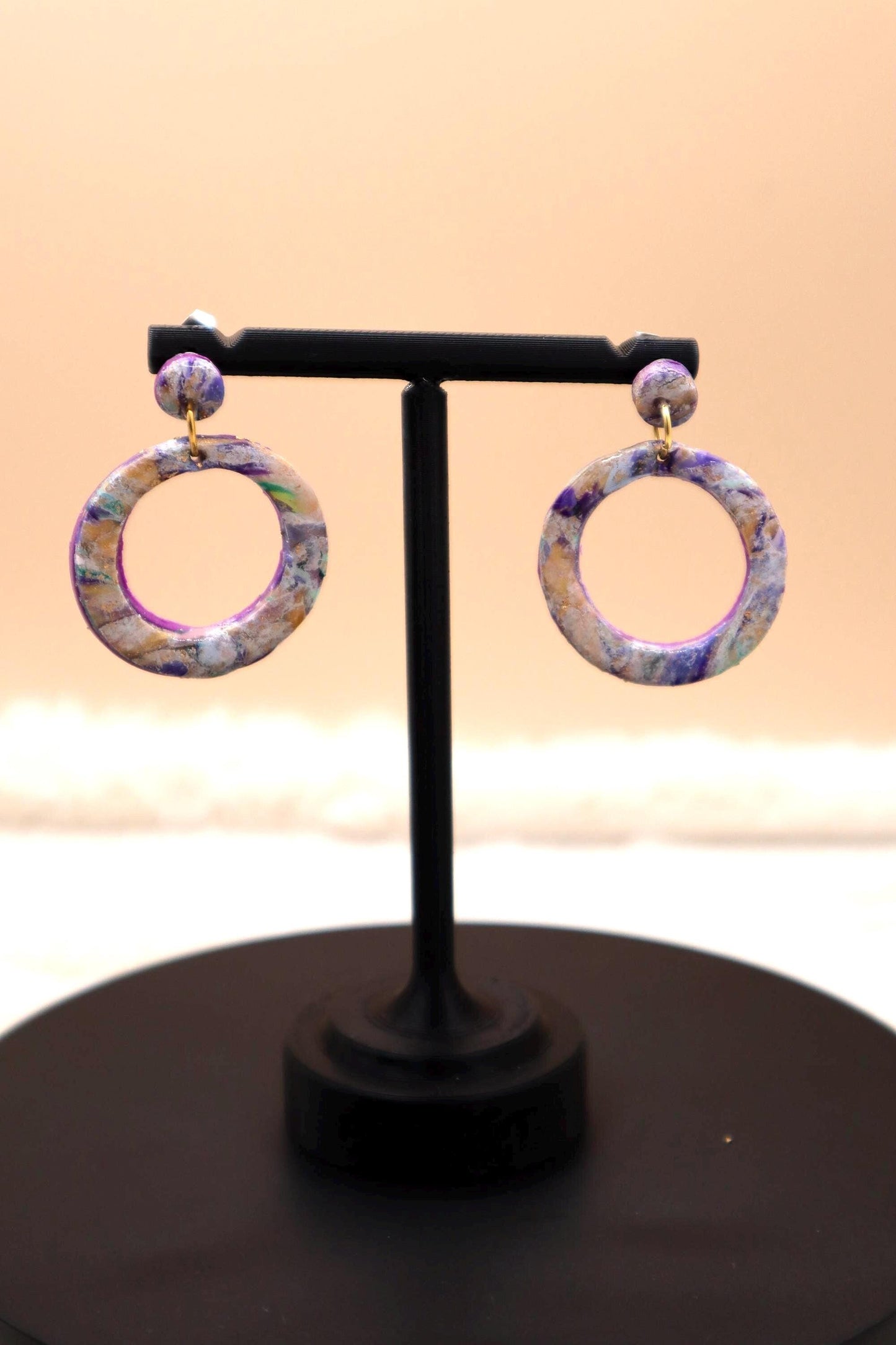 Circular Ring Purple Marble Dangle Earrings