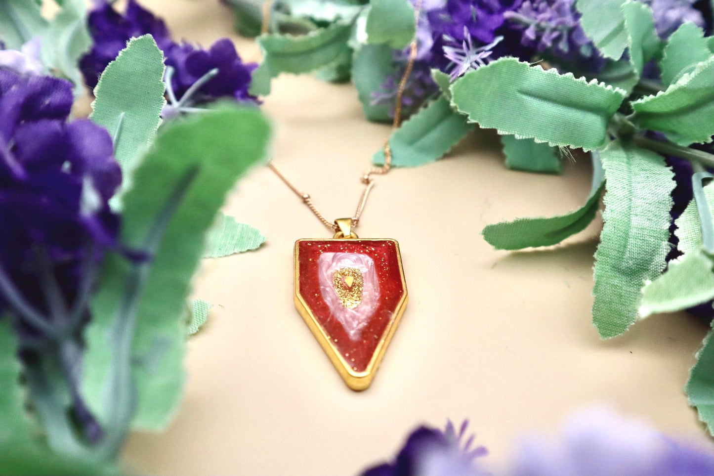 Pink and Red Geode Pendant Necklace | Gold Plated Chain