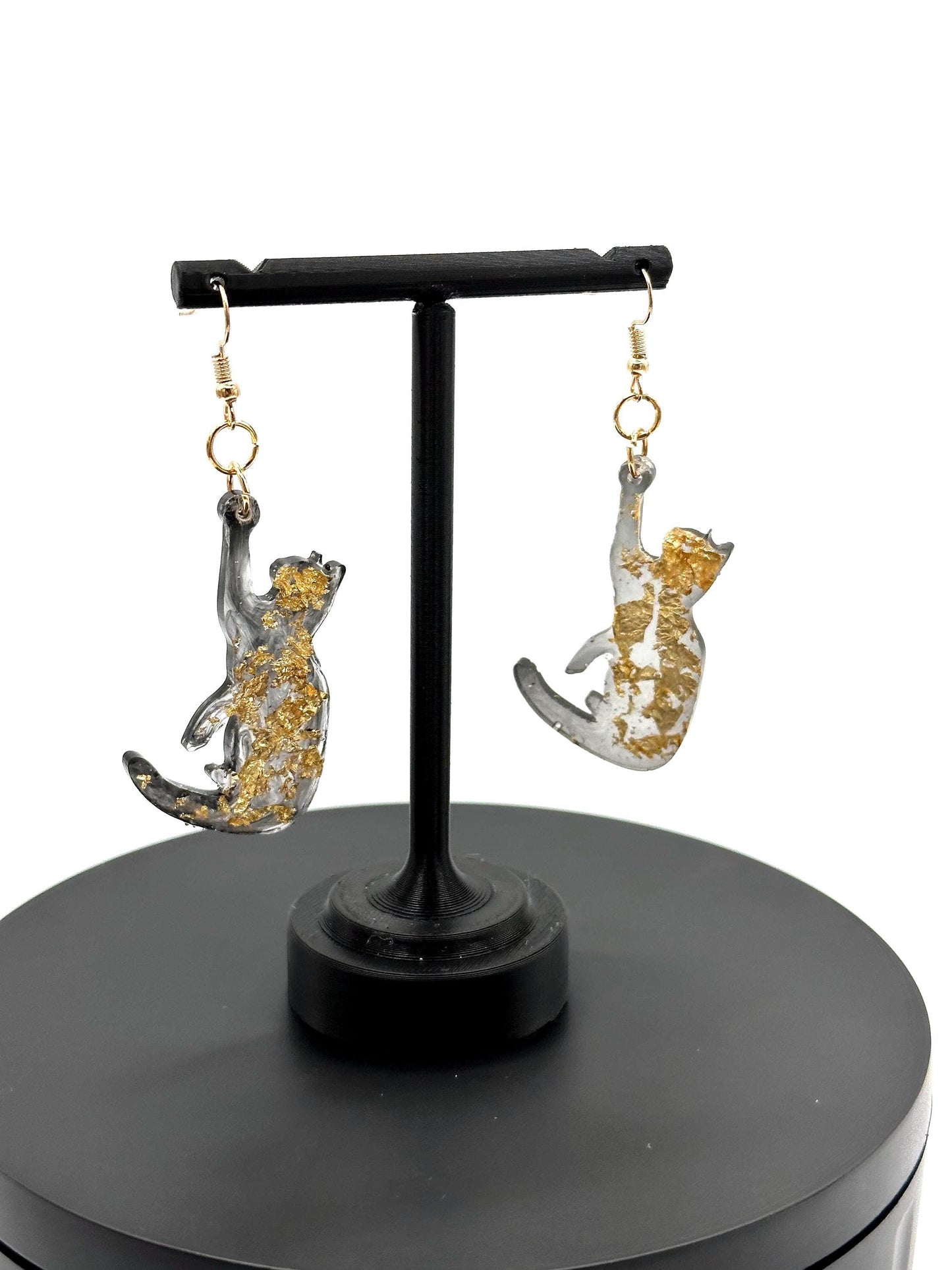 Black and Gold Reaching Cat Earrings