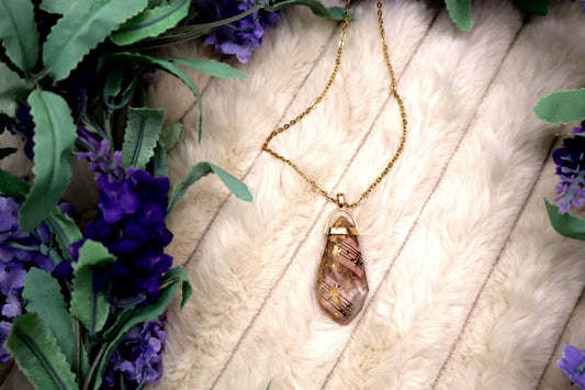 Gold and Clear Sheet Music Encased Faux Crystal Pendant Necklace | Gold Plated Chain