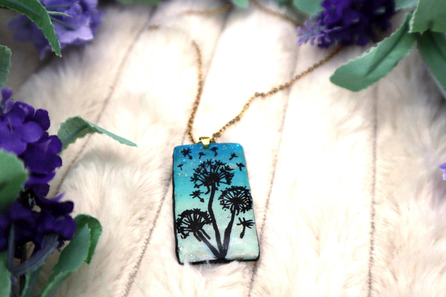 Handmade Handpainted Dandelion Pendant Necklace | Gold Plated Chain