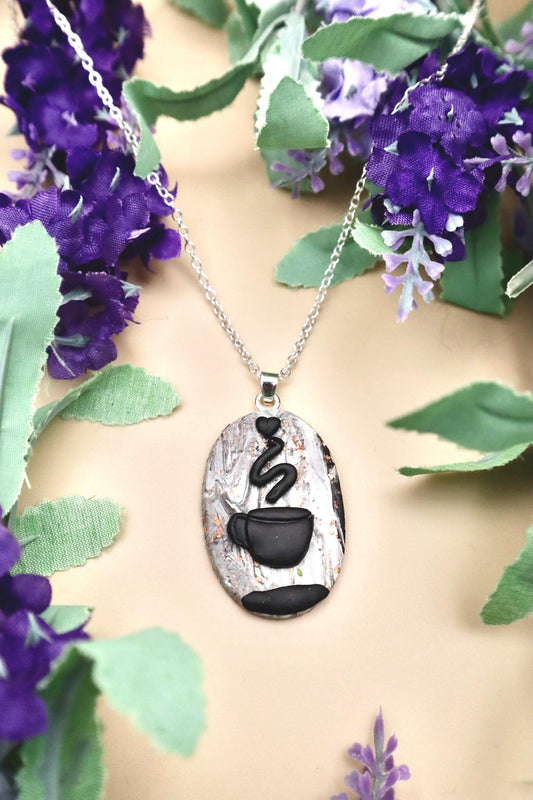 Black Coffee Love Sillouette Marble Pendant Necklace | Stirling Silver Plated Chain