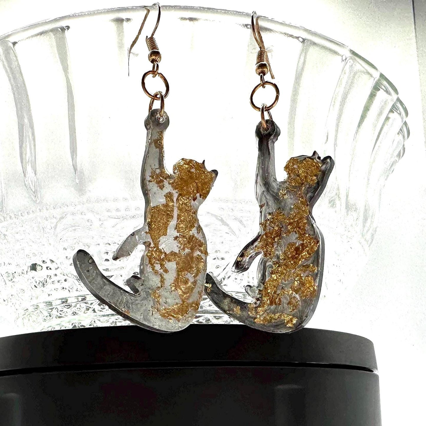 Black and Gold Reaching Cat Earrings