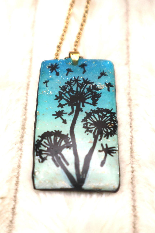 Handmade Handpainted Dandelion Pendant Necklace | Gold Plated Chain