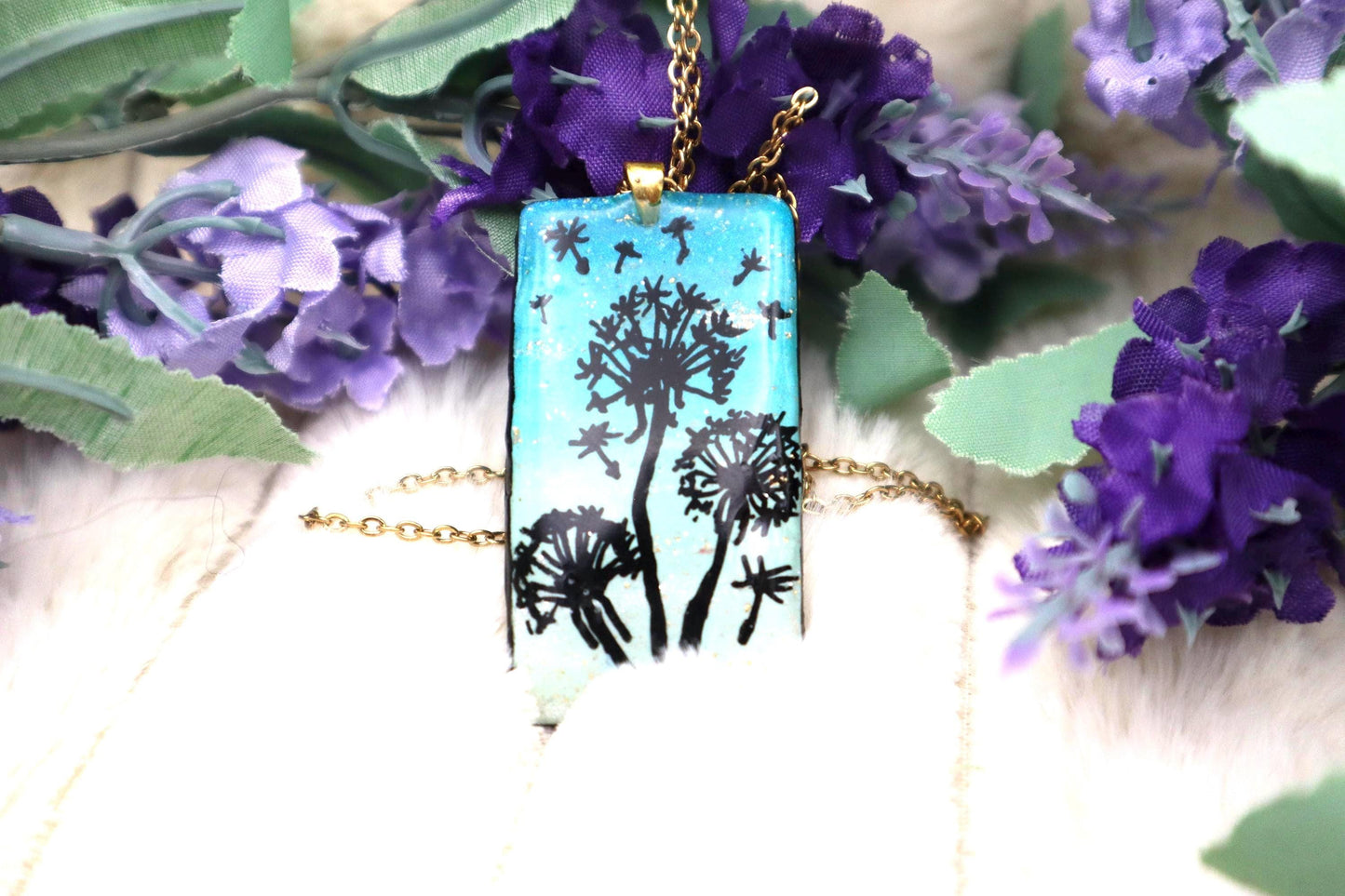 Handmade Handpainted Dandelion Pendant Necklace | Gold Plated Chain