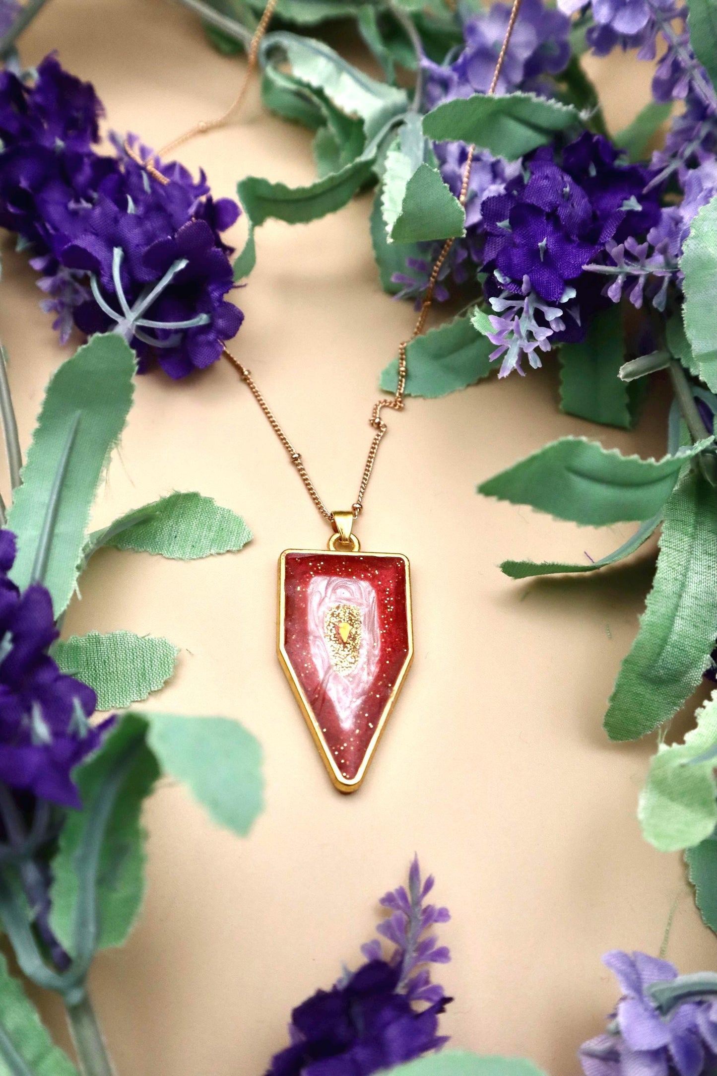 Pink and Red Geode Pendant Necklace | Gold Plated Chain