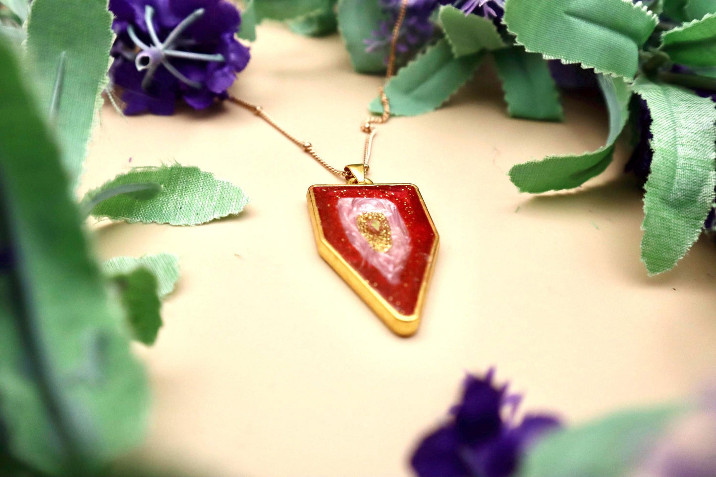 Pink and Red Geode Pendant Necklace | Gold Plated Chain
