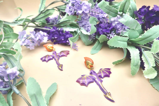 Fire Breathing Purple & Gold Dragon Dangle Earrings
