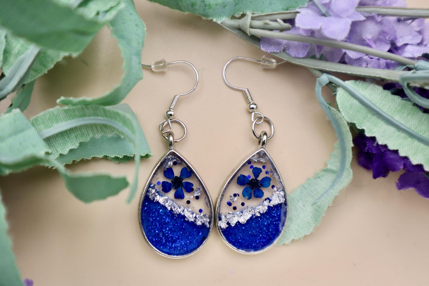 Blue Flower Resin Earrings: Steel Teardrop Dangles