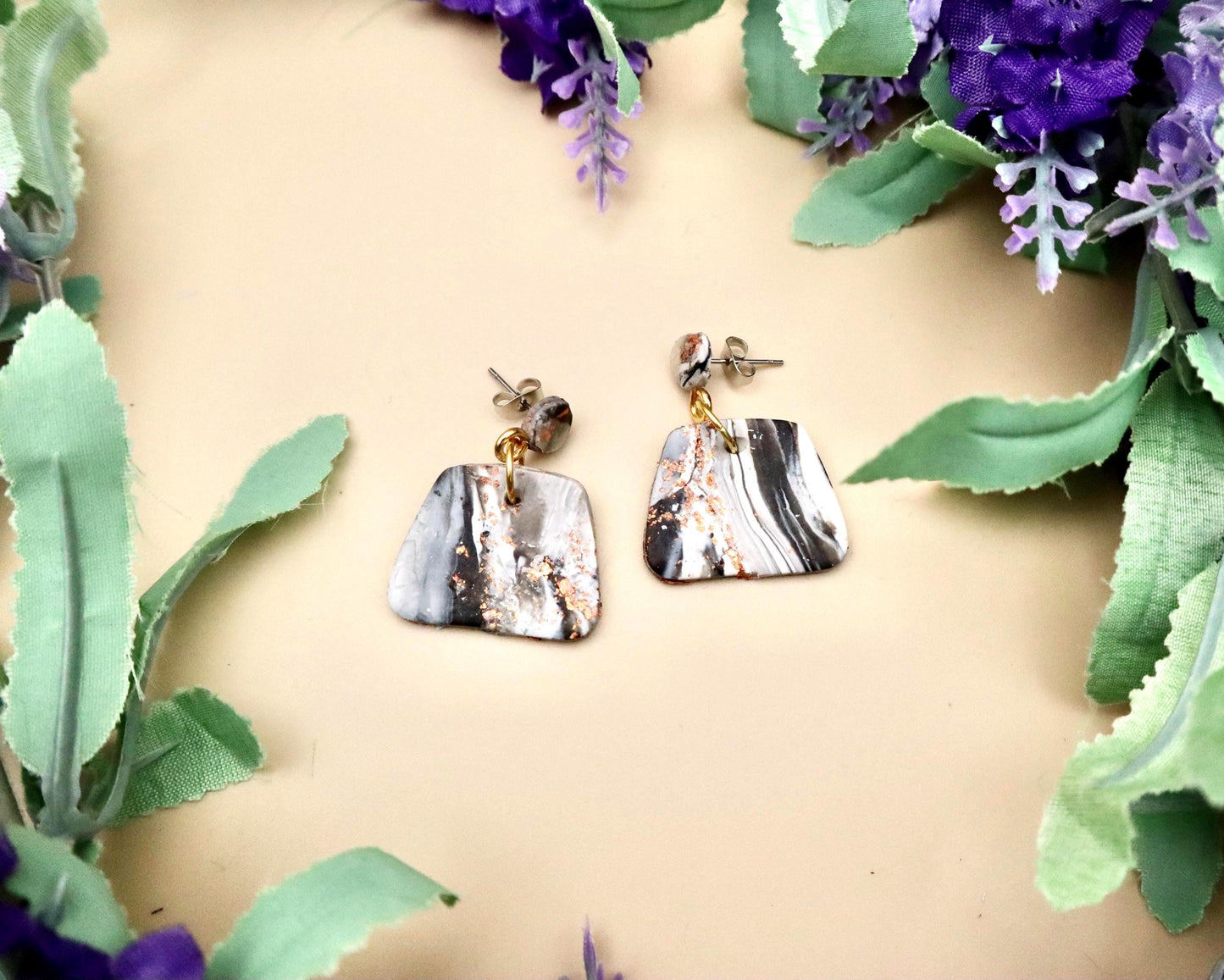 Black, White, and Rose Gold Marble Polygon Dangle Earrings | Polymer Clay