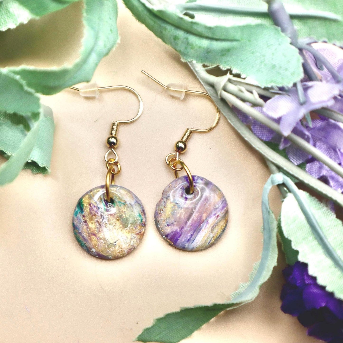 Circular Lavender Blue & Gold Marble Dangle Earrings