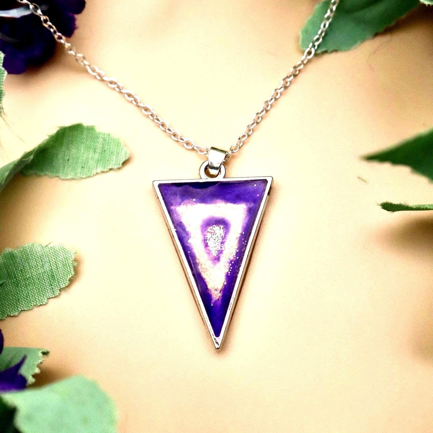 Purple and Pearl Geode Pendant Necklace | Silver Plated Chain