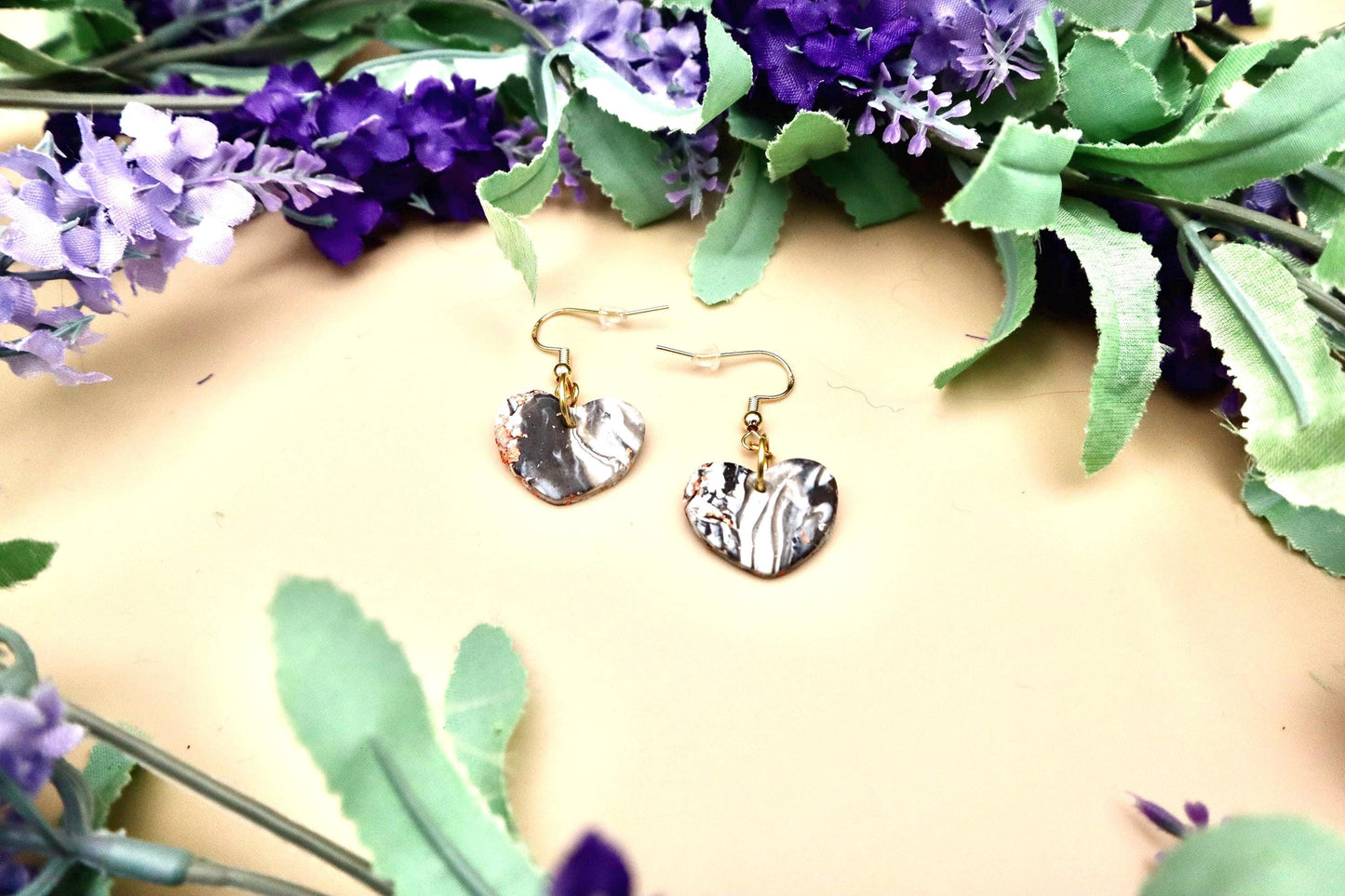 Black and White Striped Rose Gold Flakes Heart Shaped Marble Dangle Earrings
